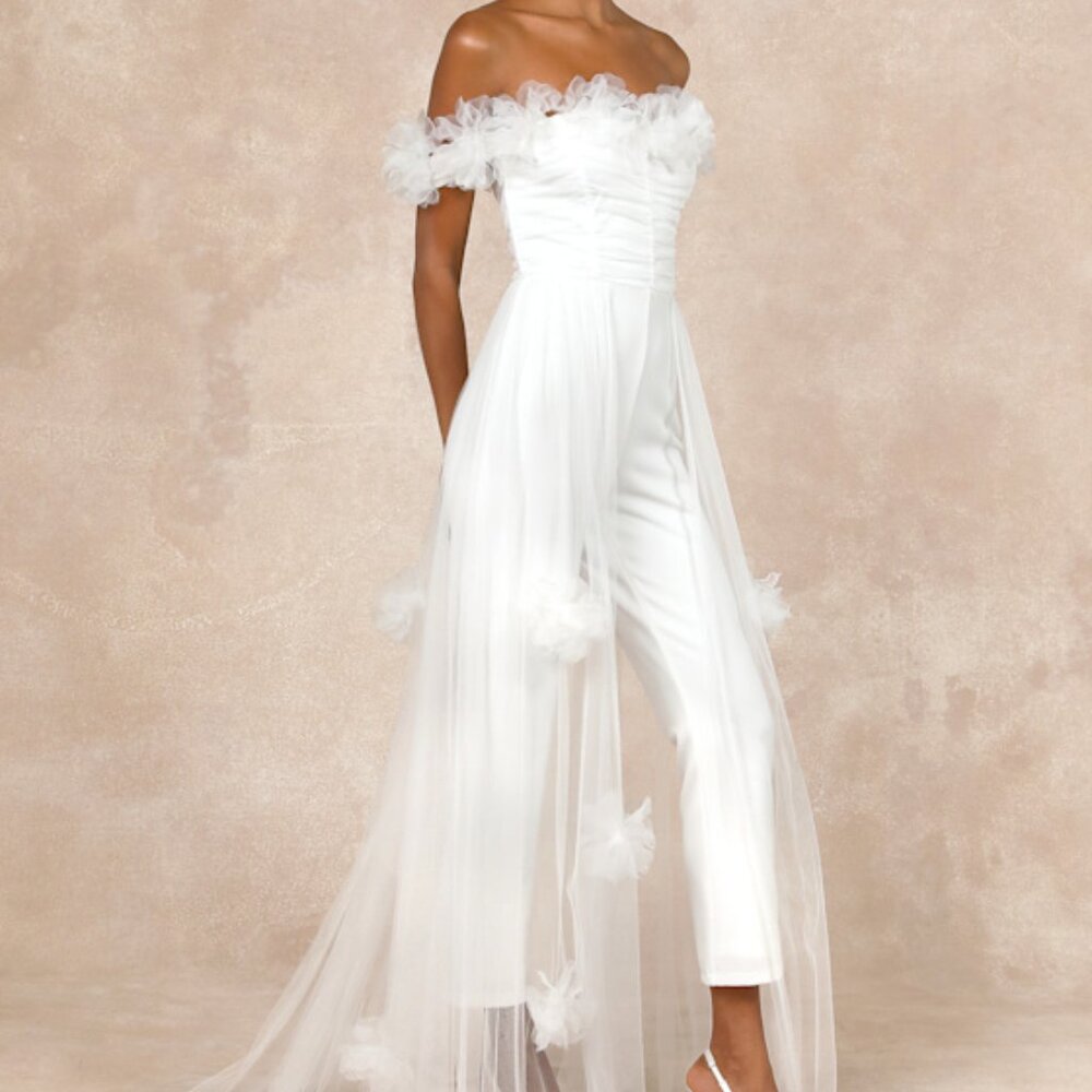 Lulus Modern Devotion White 3d Flower Tulle Overlay Jumpsuit - Size M
